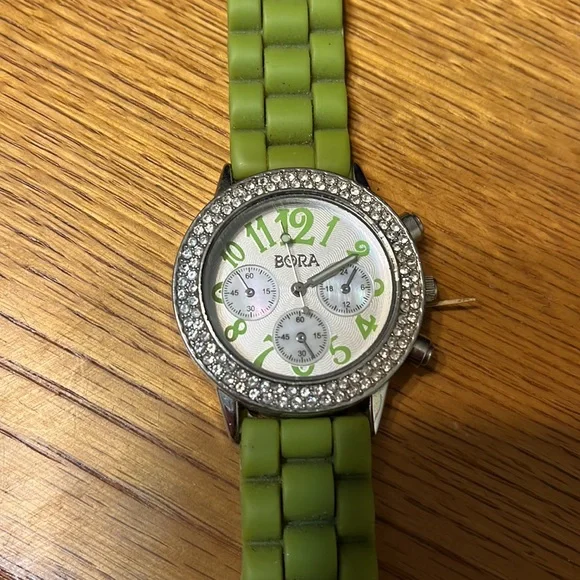 Large Crystal Accent Round Case Green Lettering and Silicone Band Watch - Picture 2 of 3